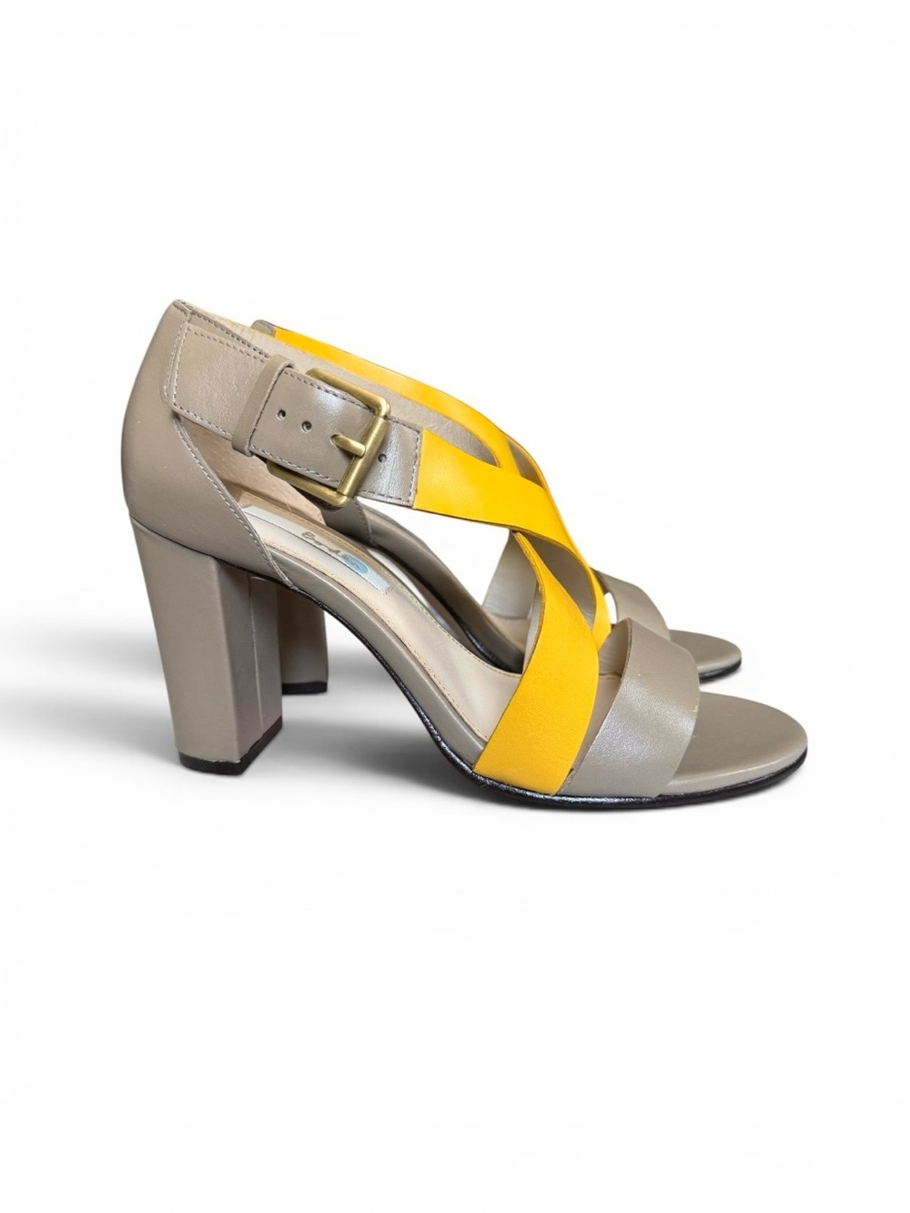 NWOT Boden Taupe and Yellow Crisscross Block Heel Sandals